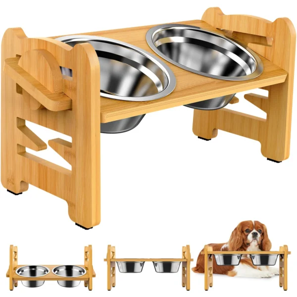 Elevated Stainless Dog Bowls with Bamboo Stand  Adjustable